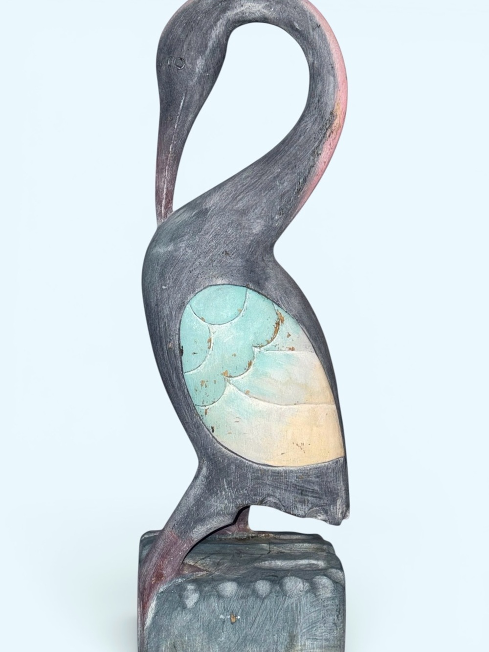 Vintage Handmade Carved Wooden Crane Seabird Nautical Herron Pastels Statue